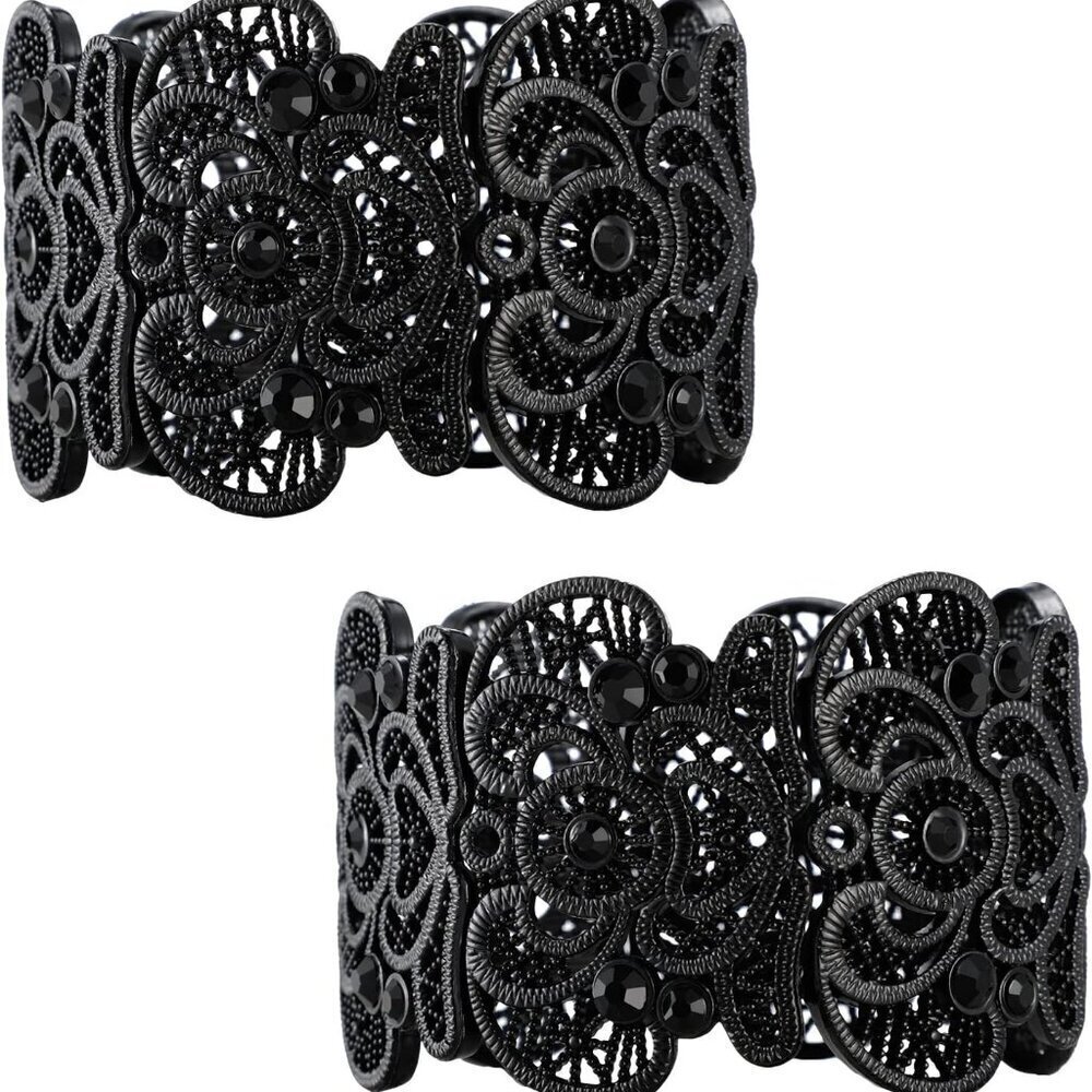 Black Metal Lace Bracelets for Women Vintage Rhinestone Cuff Bohemian Pair
